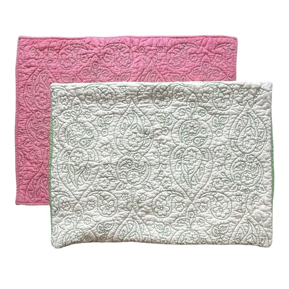 Pottery Barn Kids Pillow Sham Pink Green Paisley Quilted 2 Standard Reversible